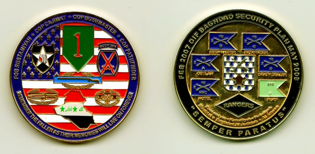 Round shaped, gold colored coin, 1-15/16 inches in diameter.