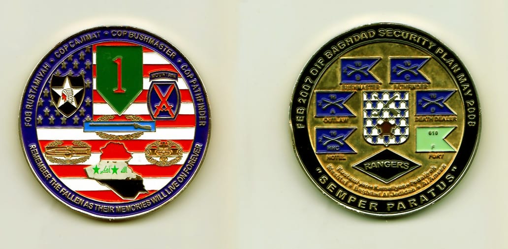 Round shaped, gold colored coin, 1-15/16 inches in diameter.