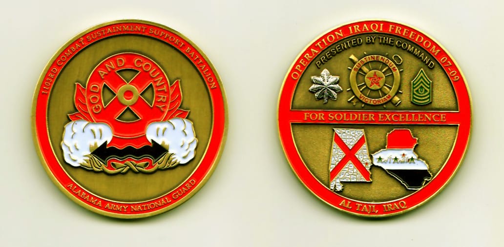 Round shaped, bronze colored coin, 1-3/4 inches in diameter.