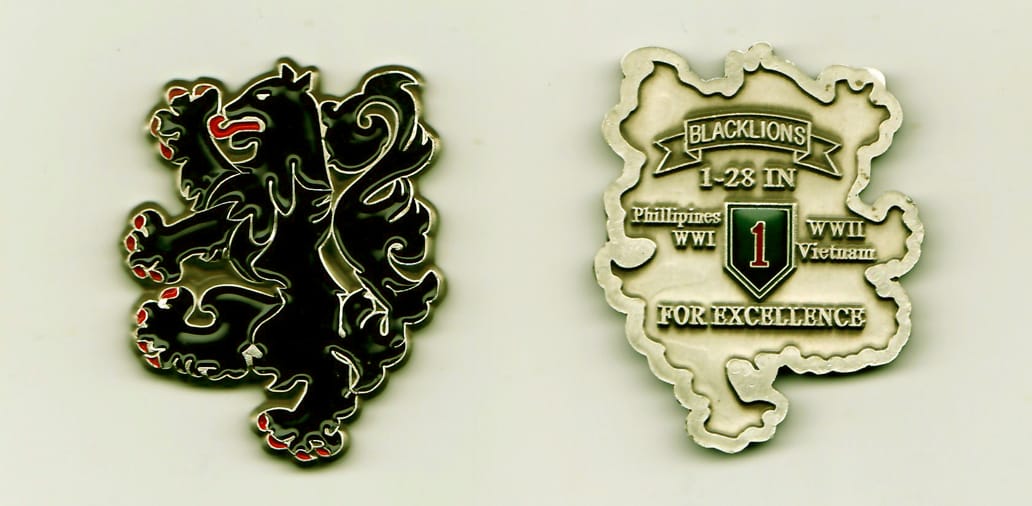 Lion Rampant shaped, silver colored coin, 1-3/4 inches wide x 2-1/16 high.