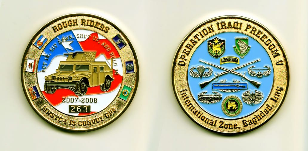 Round shaped, gold colored coin, 1-15/16 inches in diameter.