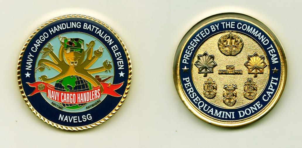 Round shaped, gold colored coin, 1-3/4 inches in diameter.