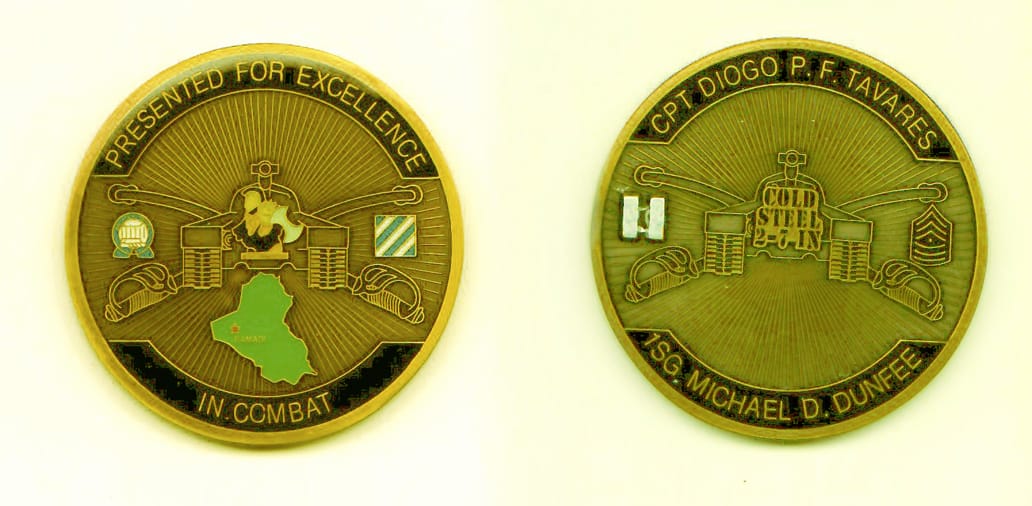 Round shaped, gold colored coin, 1-3/4inches in diameter.