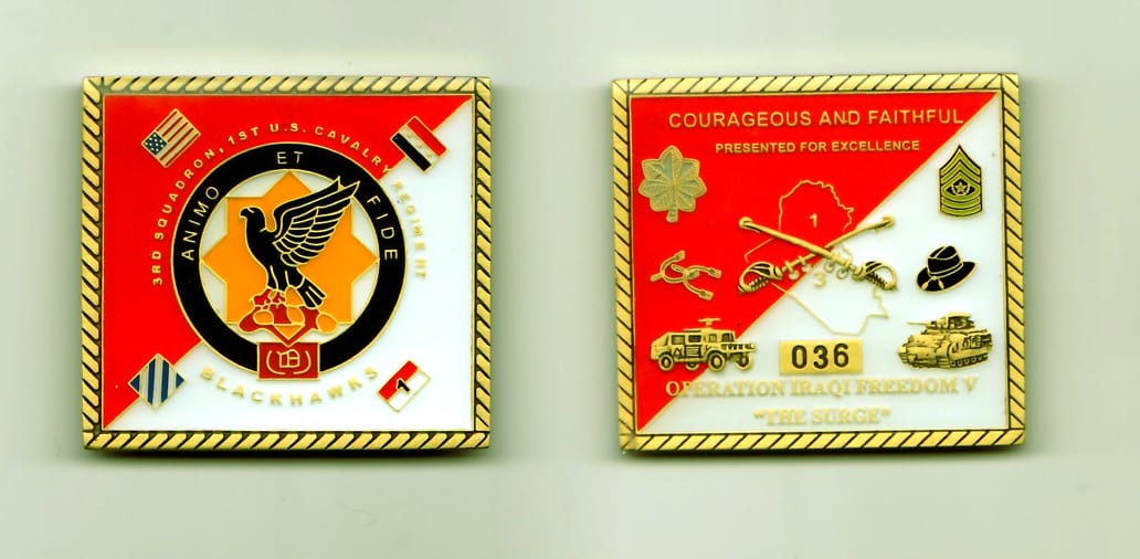 Square shaped, gold colored coin, 2 inches wide x 1-7/8 inches high.