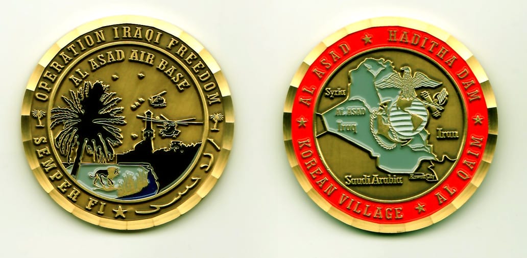 Round shaped, brass colored coin, 2 inches in diameter.