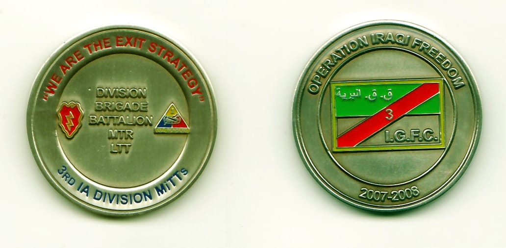 Round shaped, pewter colored coin, 1-5/8 inches in diameter.