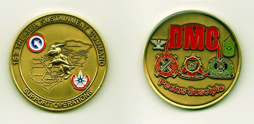 Round shaped, antique brass colored coin, 1-15/16 inches in diameter.