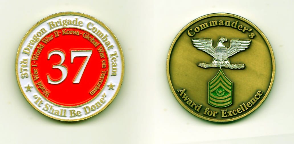 Round shaped, bronze colored coin, 1-9/16 inches in diameter.