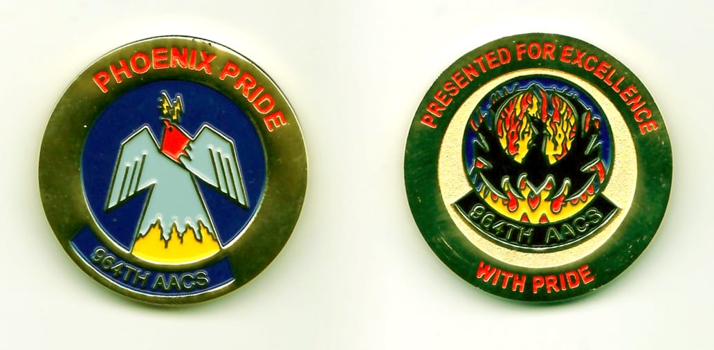 Round shaped, gold colored coin, 1-1/2 inches in diameter.