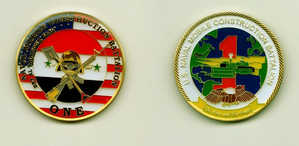 Round shaped, gold colored coin, 1-9/16 inches in diameter.