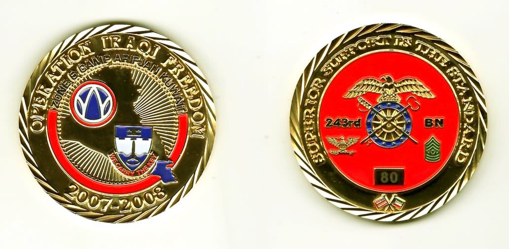 Round shaped, gold colored coin, 2 inches in diameter.