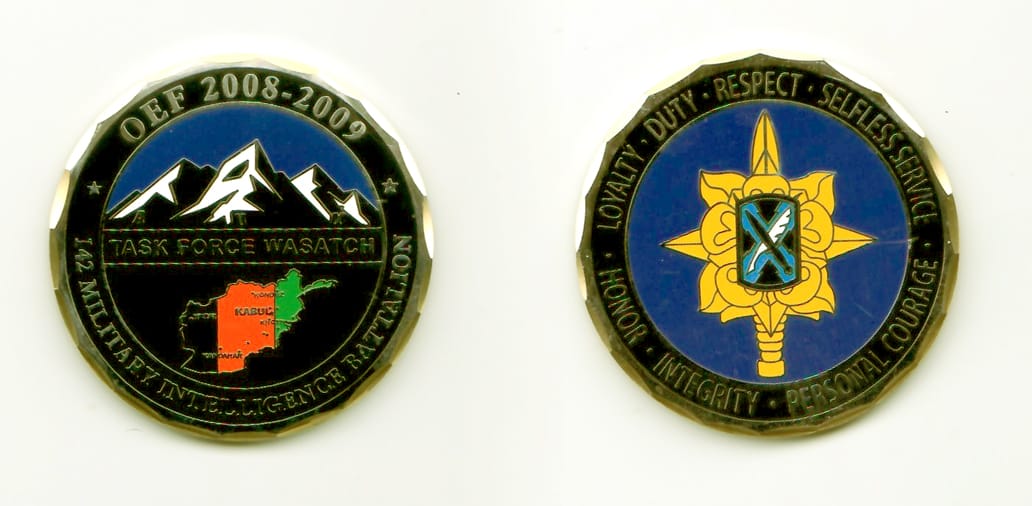 Round shaped, gold colored coin, 1-5/8 inches in diameter.