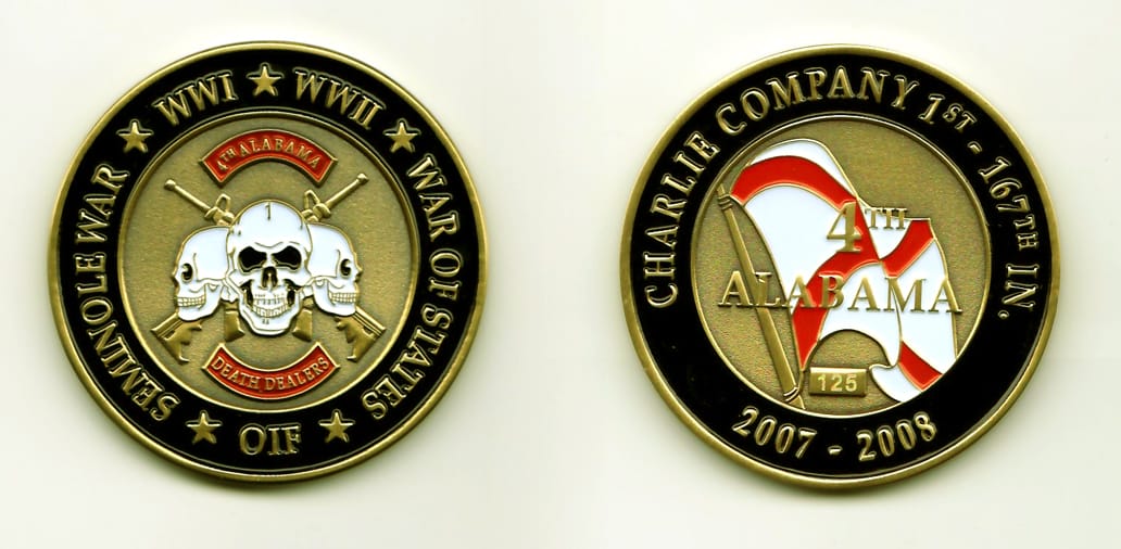 Round shaped, antique brass colored coin, 1-15/16 inches in diameter.