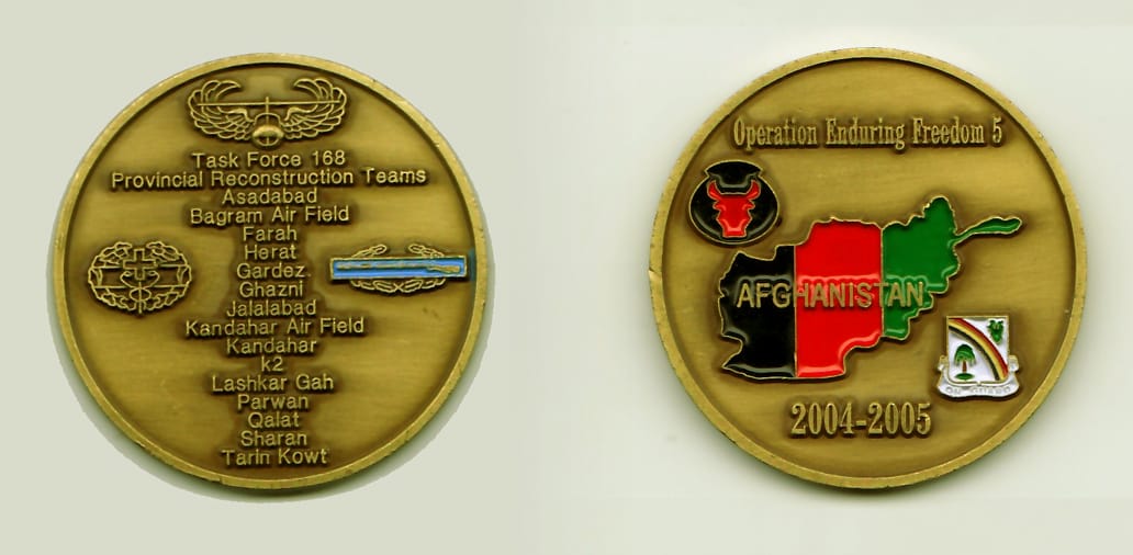 Round shaped, antique brass colored coin, 1-7/8 inches in diameter.