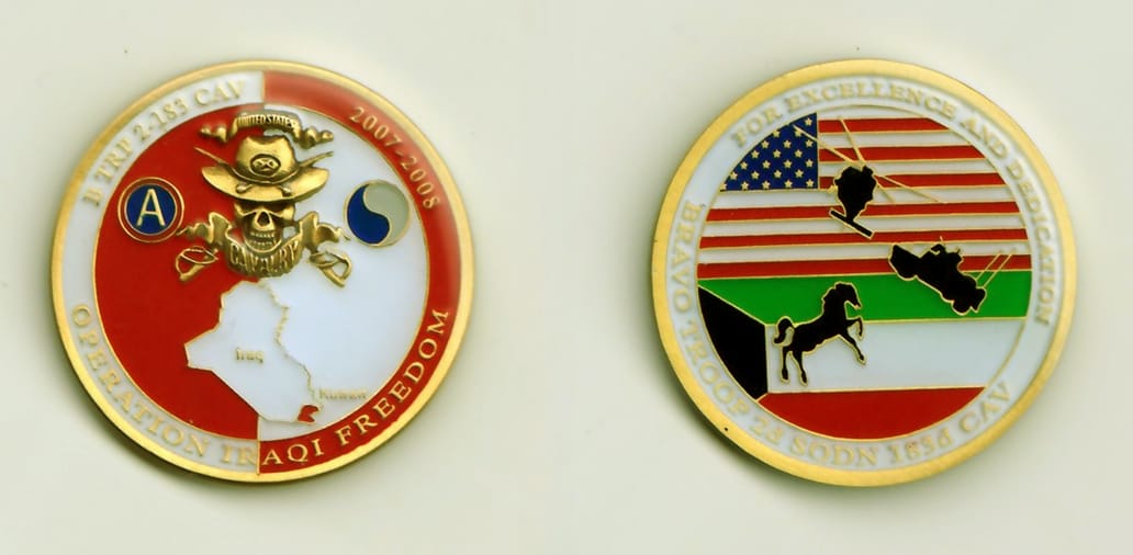 Round shaped, gold colored coin, 1-5/16 inches in diameter.