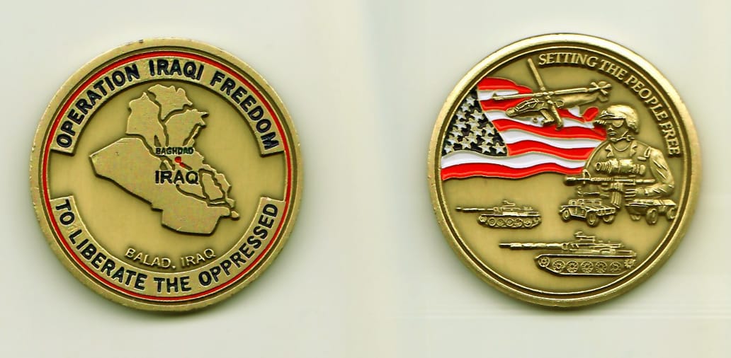 Round shaped, antique brass colored coin, 1-1/2 inches in diameter.