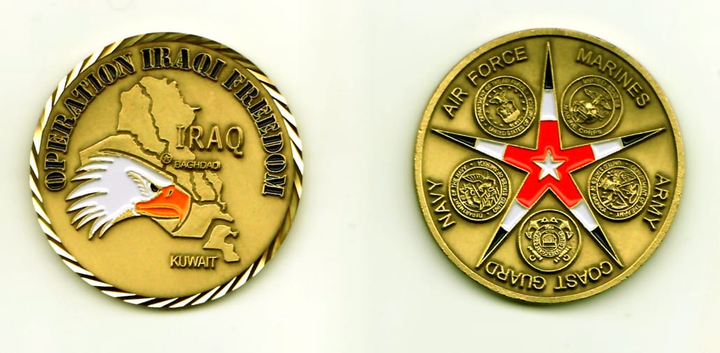 Round shaped, gold colored coin, 1-3/4 inches in diameter.