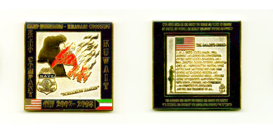 Square shaped, gold colored coin, 2 inches square.