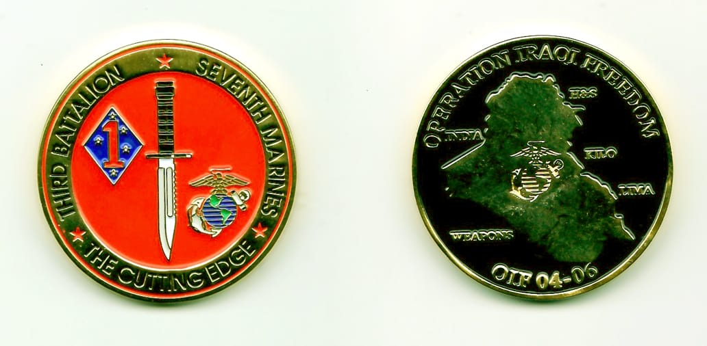 Round shaped, gold colored coin, 1-11/16 inches in diameter.