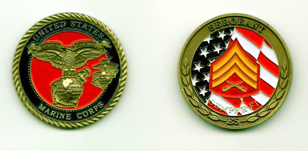 Round shaped, gold colored coin, 1-9/16 inches in diameter.