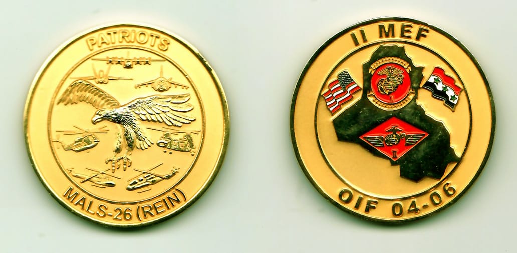 Round shaped, gold colored coin, 1-11/16 inches in diameter.