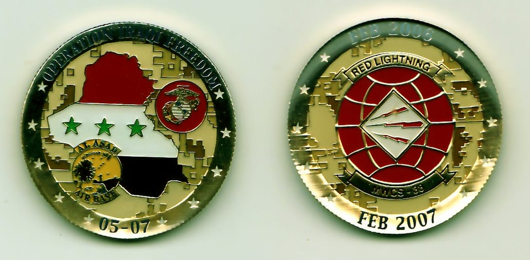 Round shaped, gold colored coin, 1-1/2 inches in diameter.