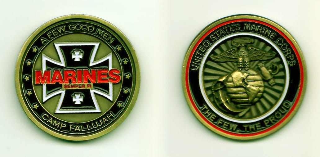 Round shaped, antique brass colored coin, 1-1/4 inches in diameter.