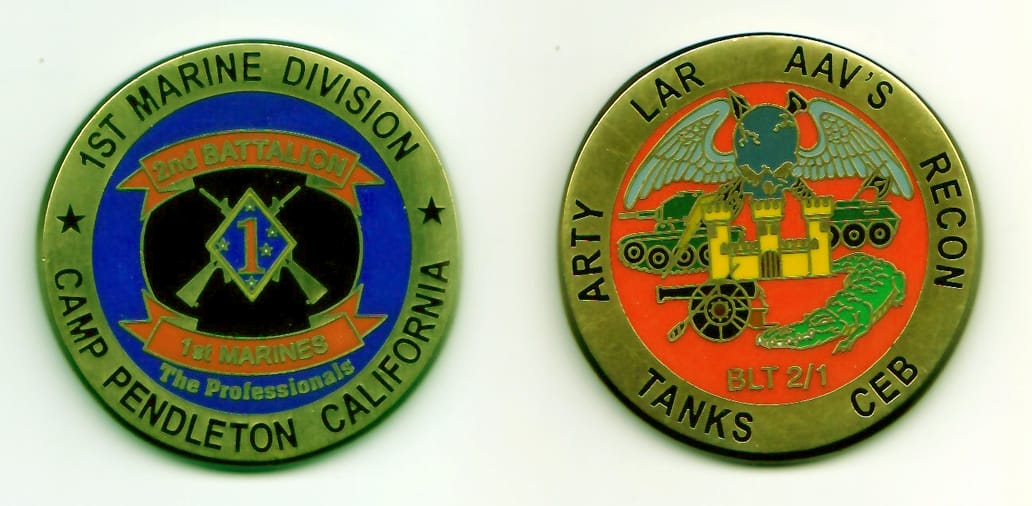 Round shaped, antique brass colored coin, 1-13/16 inches in diameter.