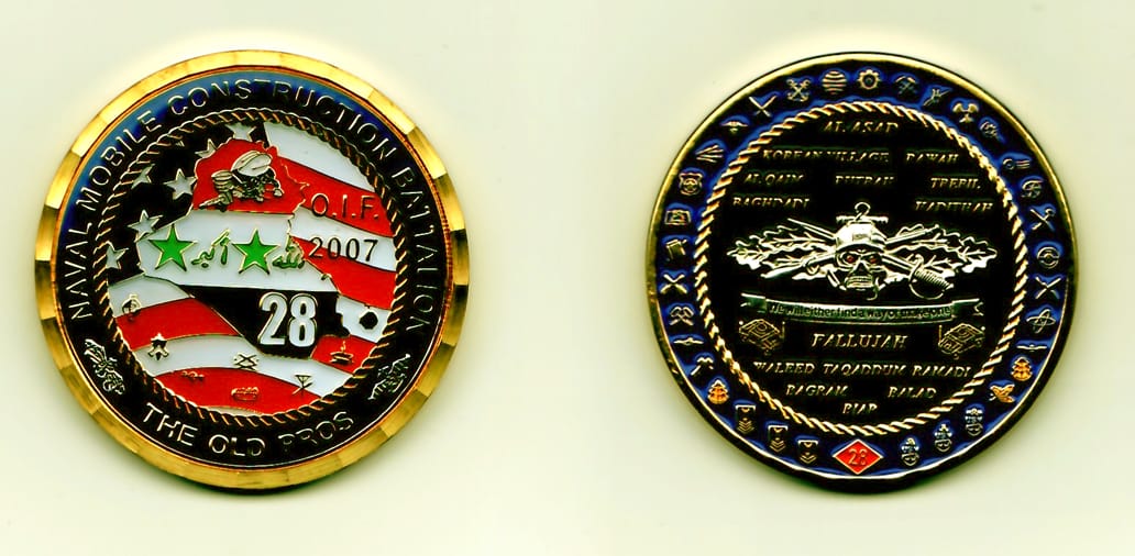 Round shaped, gold colored coin, 1-13/16 inches in diameter.