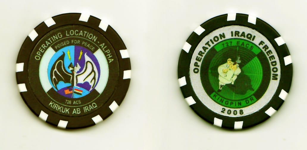 Round shaped, black colored poker chip, 1-9/16 inches in diameter.
