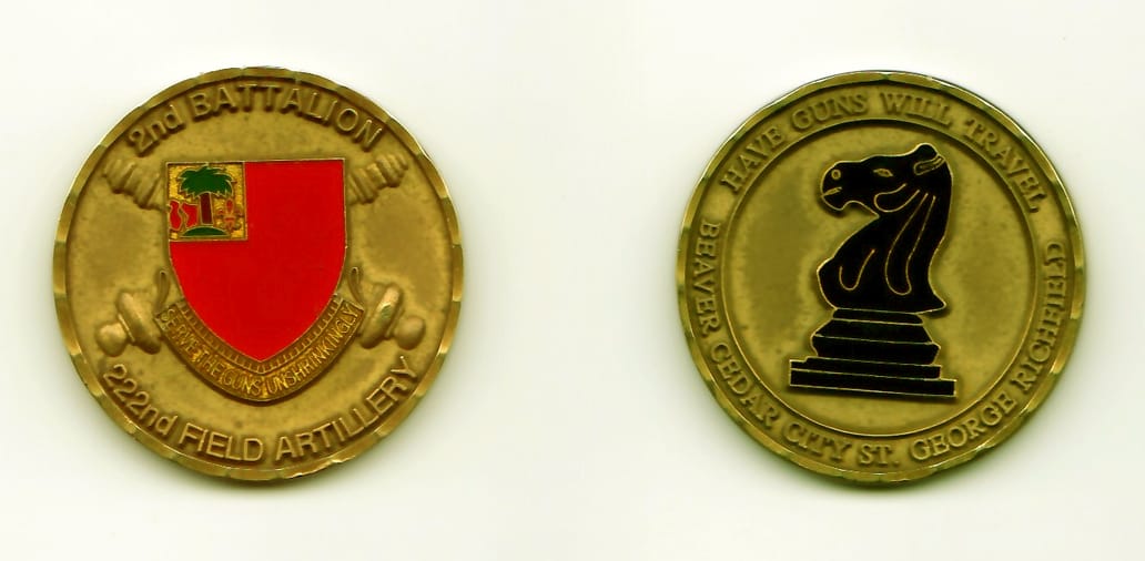 Round shaped, antique brass colored coin, 1-1/4 inches in diameter.