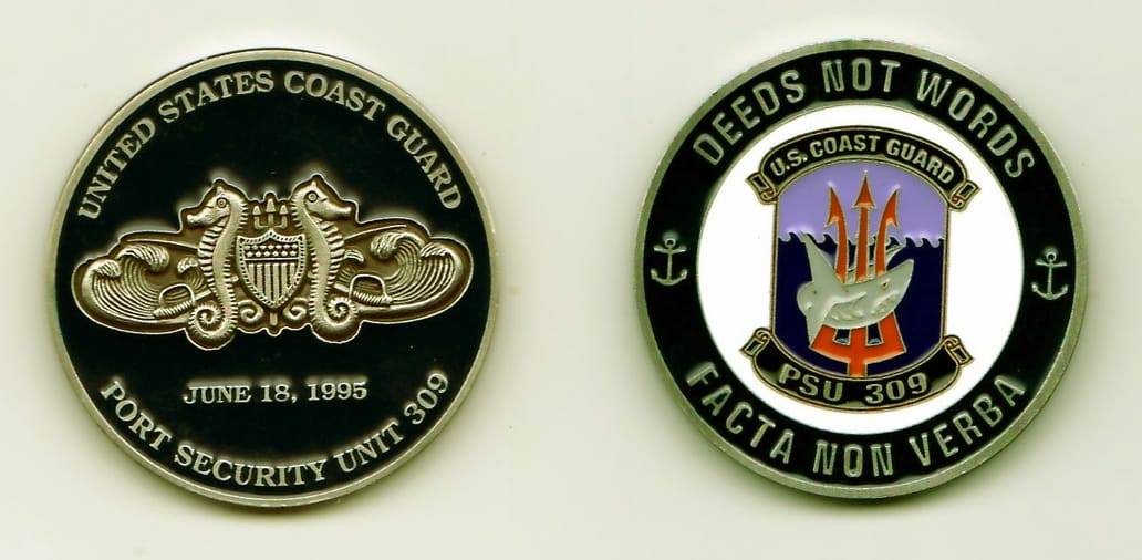 Round shaped, pewter colored coin, 1-13/16 inches in diameter.