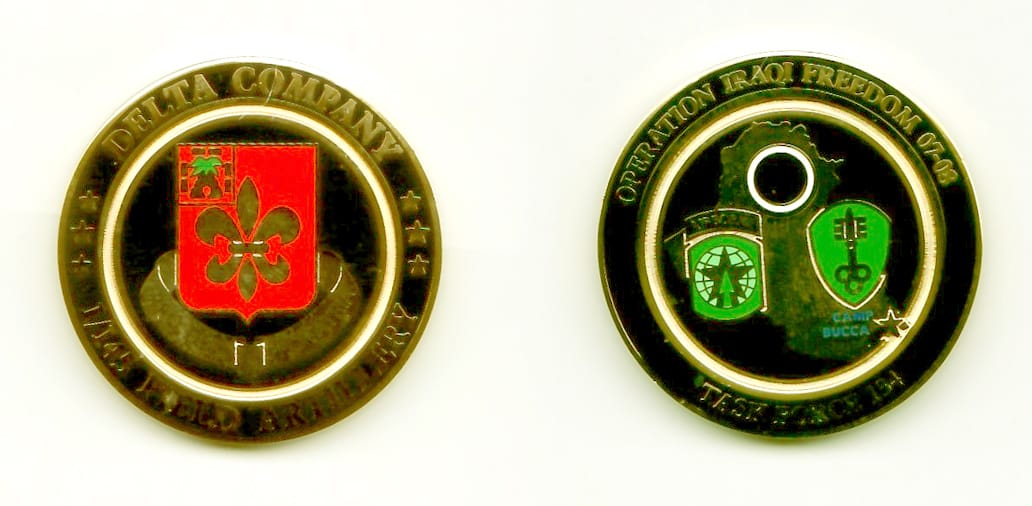 Round shaped, gold colored coin, 1-3/8 inches in diameter.