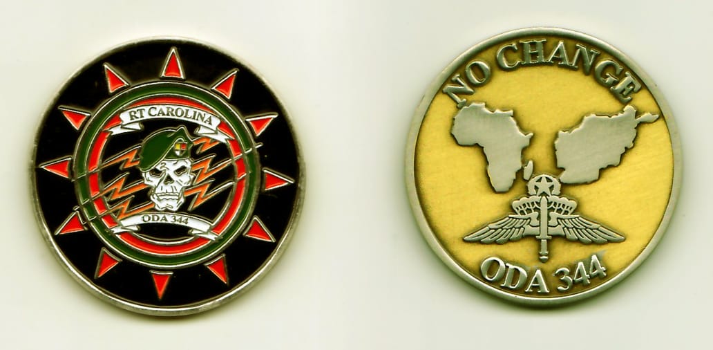 Round shaped, gold colored coin, 1-5/8 inches in diameter.