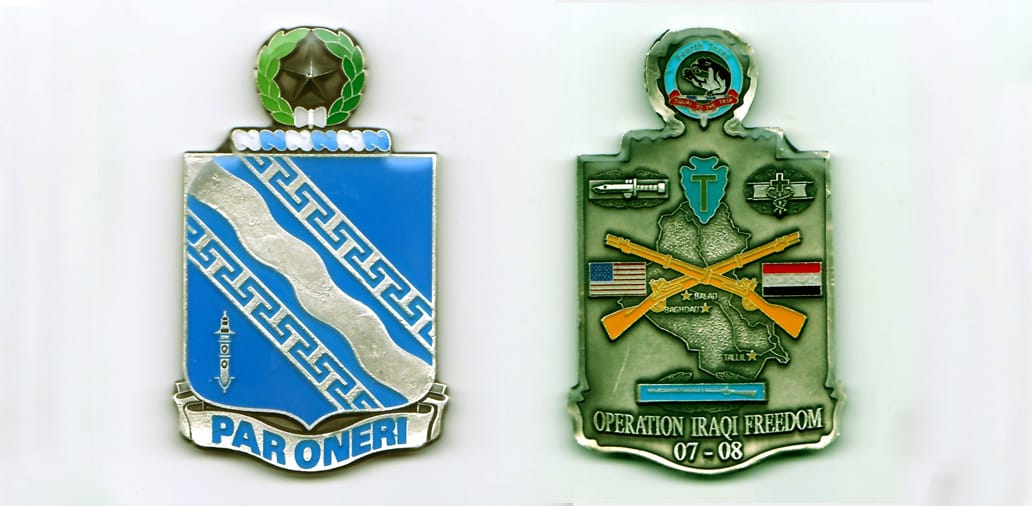 Squared shield shaped, with banner below and Star in laurel wreath above, pewter colored coin, 3 inches high x 1-3/4 inc...