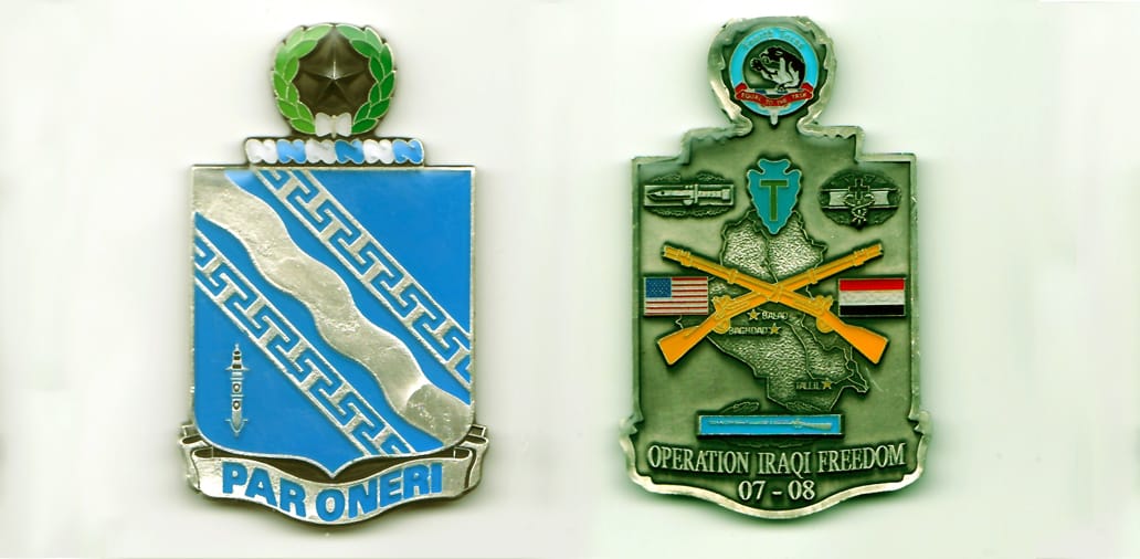 Squared shield shaped, with banner below and Star in laurel wreath above, pewter colored coin, 3 inches high x 1-3/4 inc...