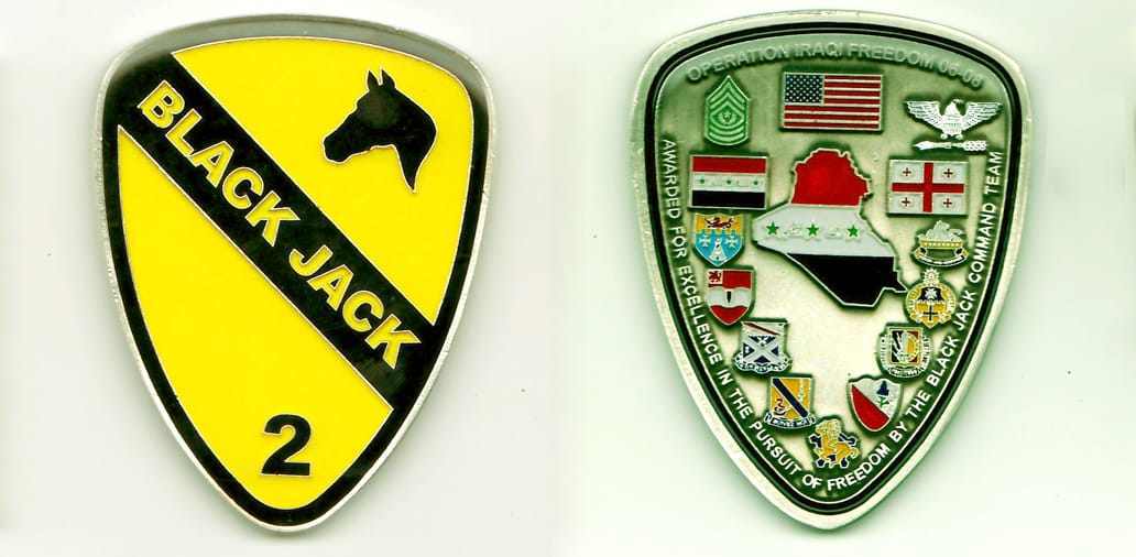 Shield shaped, pewter colored coin, with rounded top, 3 inches high x 2-1/4 inches wide.