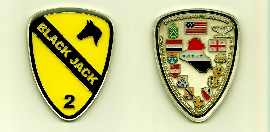 Shield shaped, pewter colored coin, with rounded top, 3 inches high x 2-1/4 inches wide.