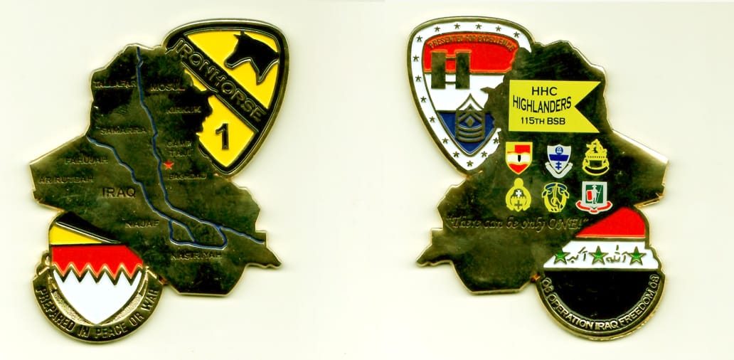 Iraq shaped, with Cav shield and unit crest shapes protuding on the upper right and  lower left side respectively, gold ...