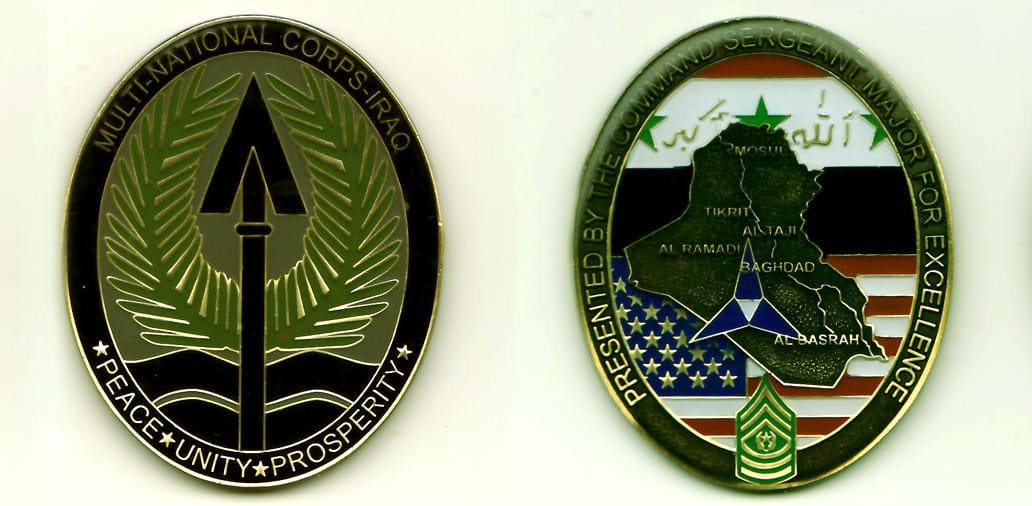 Oval shaped, brass colored coin, 2-9/16 inches high x 2 inches wide.