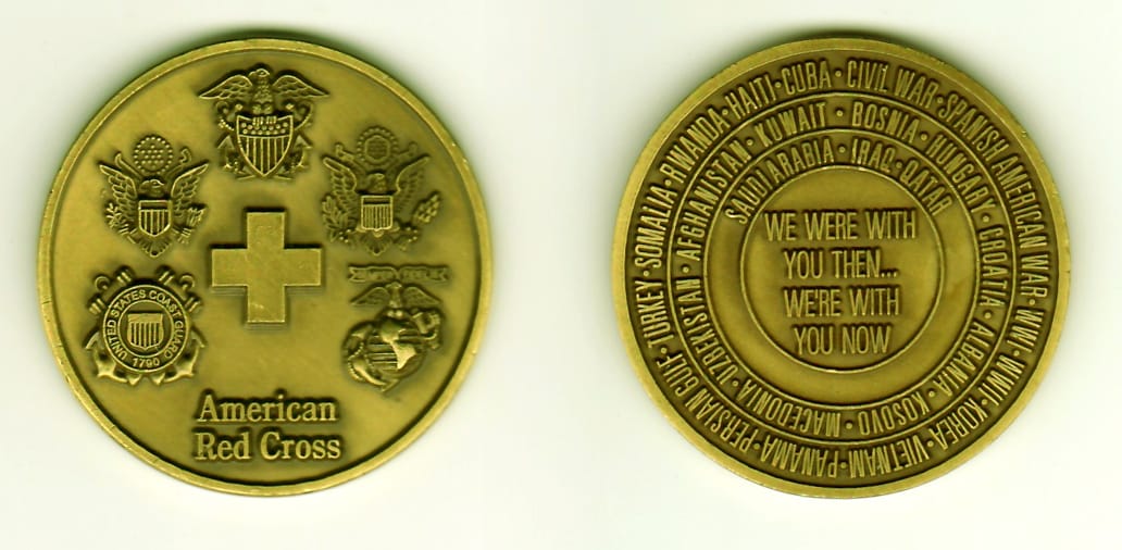 Round shaped, bronze colored coin, 2 inches in diameter.