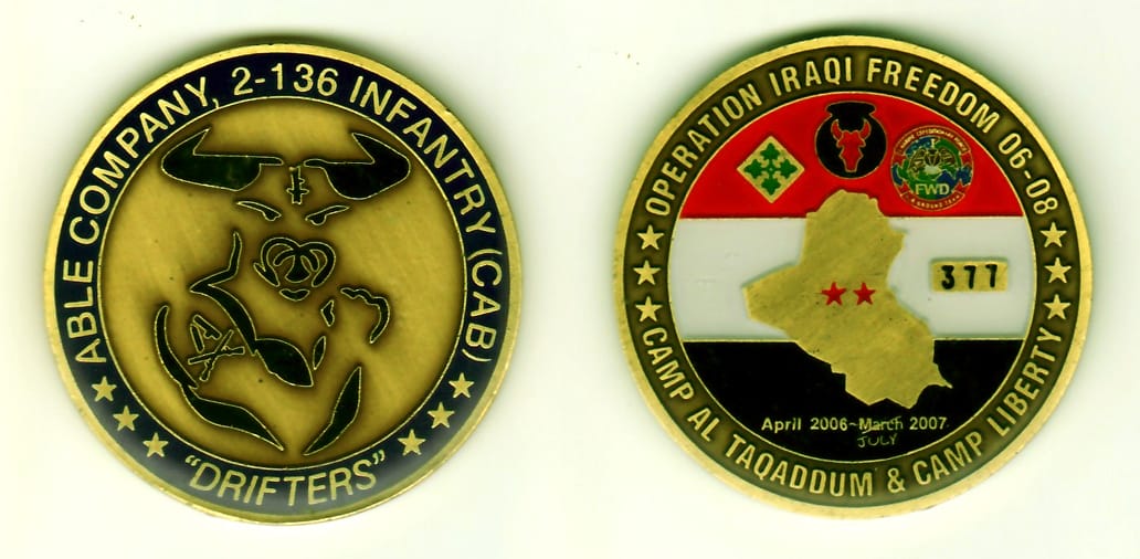 Round shaped, antique gold colored coin, 2 inches in diameter.