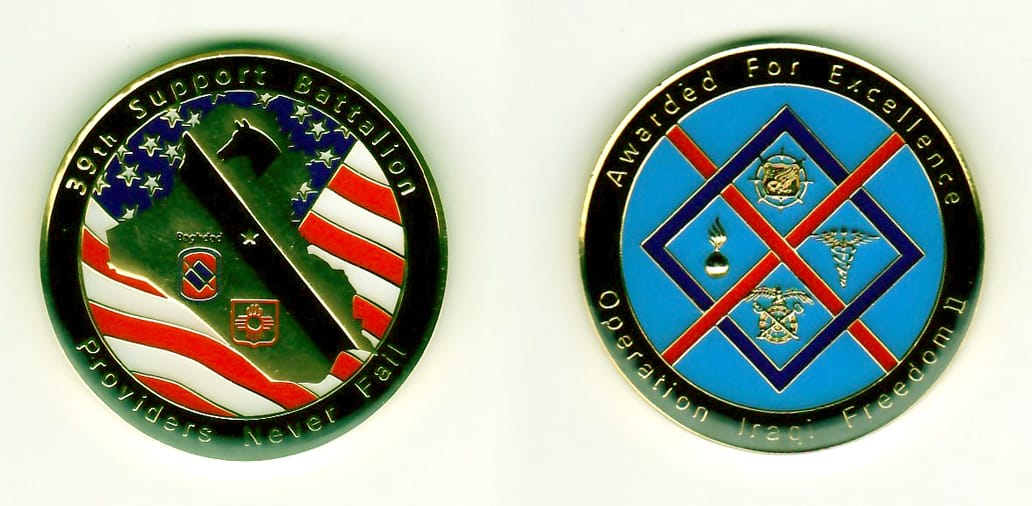 Round shaped, gold colored coin, 1-9/16 inches in diameter.