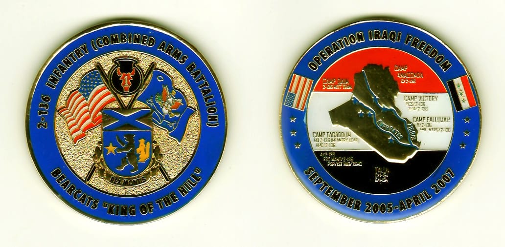 Round shaped, gold colored coin, 2 inches in diameter.