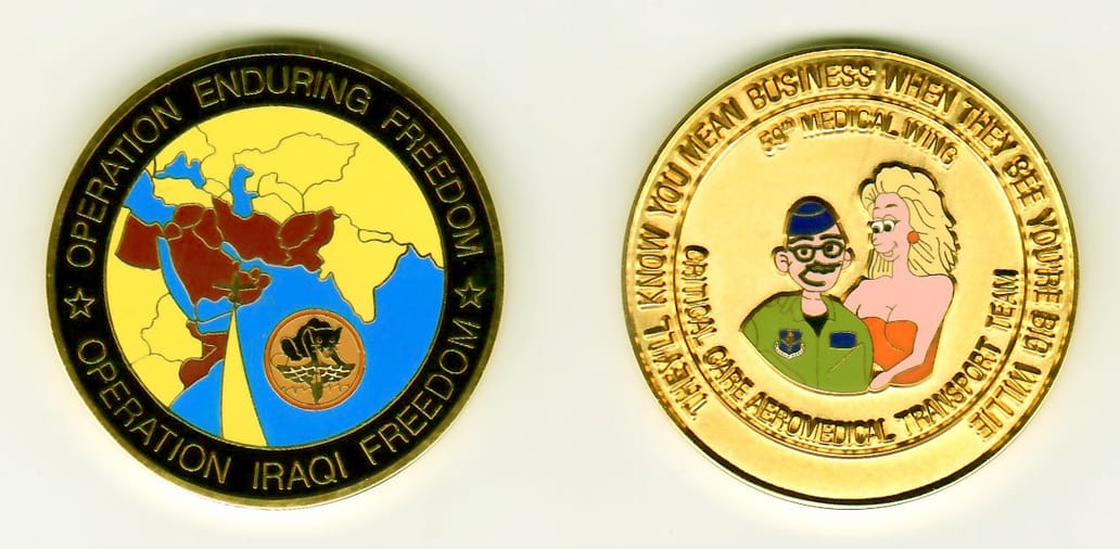 Round shaped, gold colored coin, 1-13/16 inches in diameter.