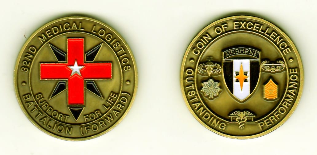 Round shaped, gold colored coin, 1-5/8 inches in diameter.