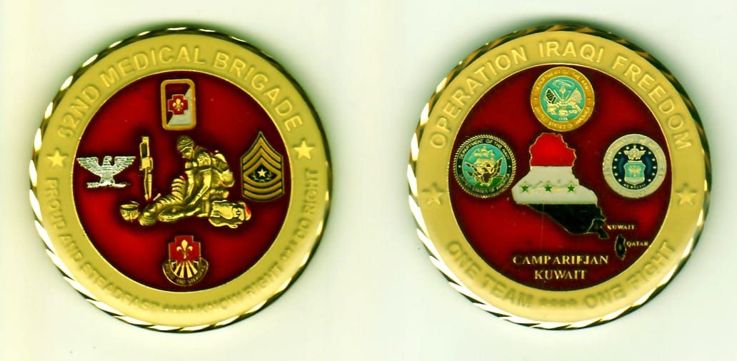 Round shaped, brass colored coin, 1-5/8 inches in diameter.