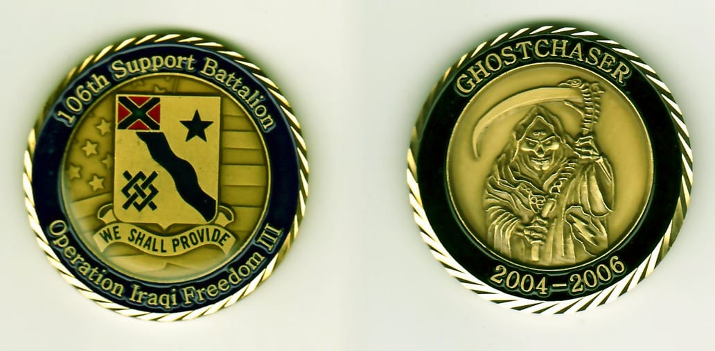 Round shaped, brass colored coin with gold rim, 1-1/2 inches in diameter.