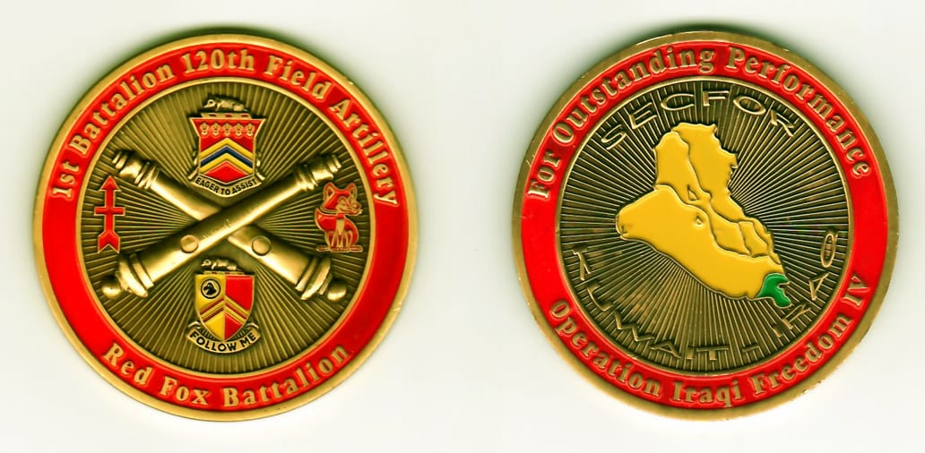 Round shaped, brass colored coin, 1-15/16 inches in diameter.