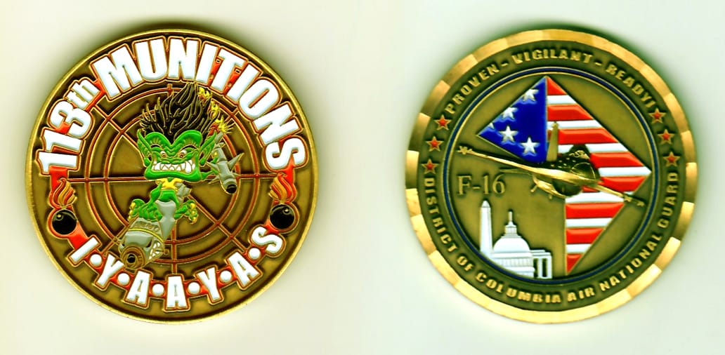 Round shaped, antique gold colored coin, 1-13/16 inches in diameter.